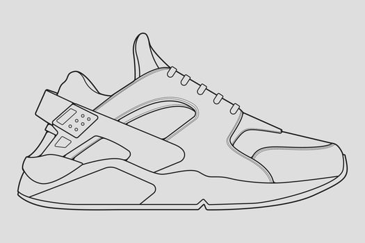 Shoes sneaker outline drawing vector, Sneakers drawn in a sketch style, black line sneaker trainers template outline, vector Illustration.