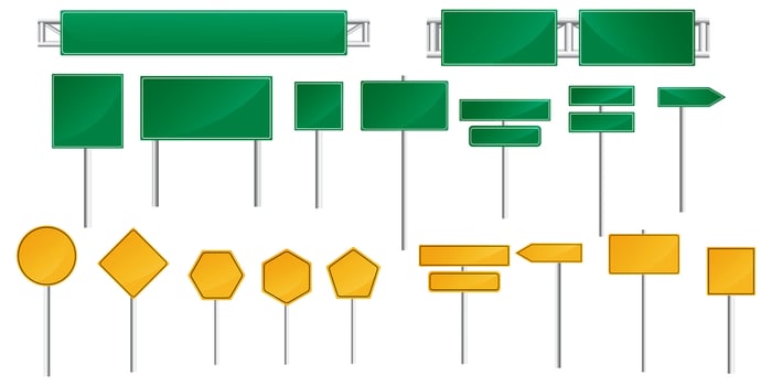 vector set of traffic signs with various shapes in green and orange colors. traffic sign icon vector isolated background