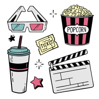 Movie theater set of elements hand-drawn line for festivals and holidays Vector illustration in the style of doodle isolated on a white background