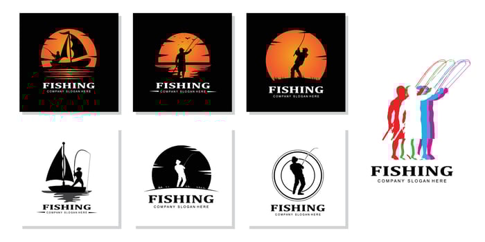 fishing logo icon vector, catch fish on the boat, outdoor sunset silhouette design vector