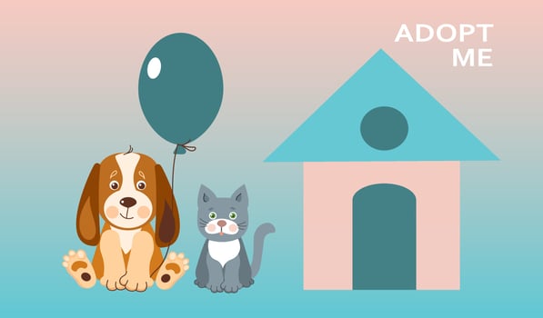 Adopt a pet. Help the homeless animals find a home. Cartoon vector illustration.