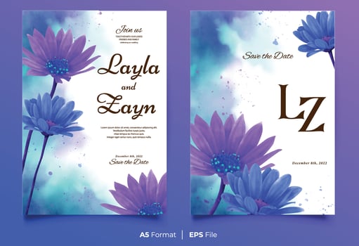 Watercolor wedding invitation template with purple and blue flower ornament vector