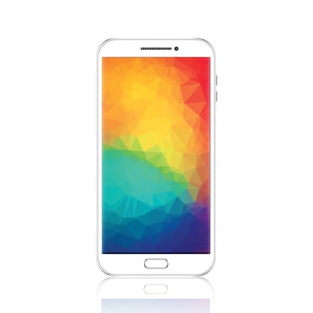 Modern smartphone with geometric polygonal screensaver. Realistic detailed white cellphone, mobile phone isolated on white background vector