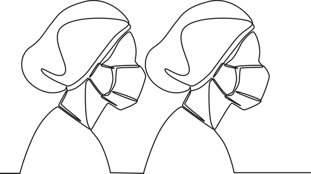 Continuous one line drawing two nurses use mask and hat at working in hospital. Single line draw design vector graphic illustration.