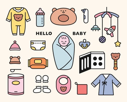 Collection of cute baby and baby items icons. flat design style vector illustration.