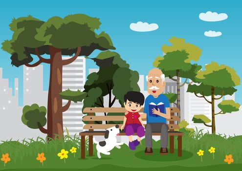 cartoon vector illustration of a little boy sitting with grandfather and his little dog in the park