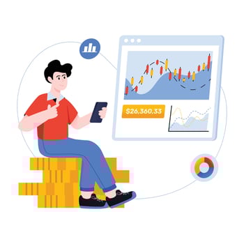 Candlestick chart with money, flat illustration of stock market vector