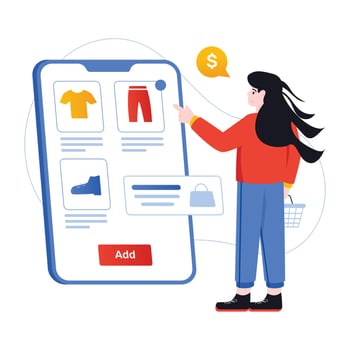 Girl buying online products, flat illustration of m commerce vector