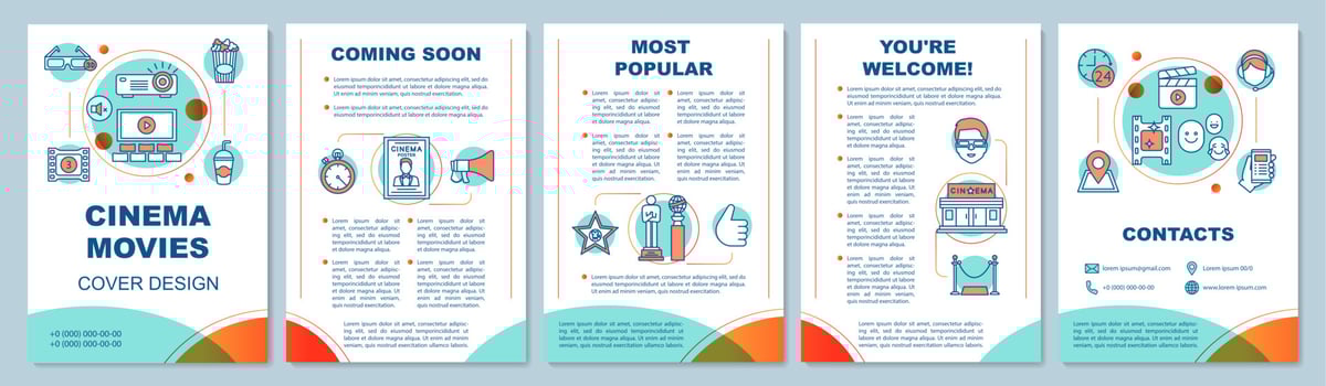 Cinema movie brochure template layout. Event in theatre. 3d film premiere. Flyer, booklet print design with linear illustrations. Vector page layouts for magazines, annual reports, advertising posters