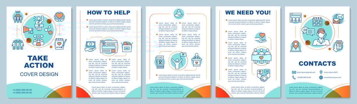 Volunteering activity brochure template layout. Take action. Flyer, booklet, leaflet print design with linear illustrations. Vector page layouts for magazines, annual reports, advertising posters