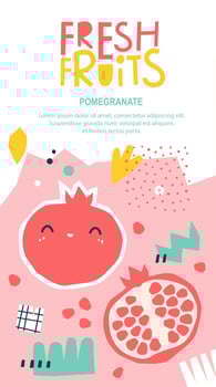 Fresh fruit cute pomegranate. Packaging of children's cosmetics, shampoo, food. Summer menu cover vector