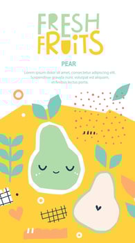 Cute pear for children's goods. Fresh fruit inscription. Vector illustration