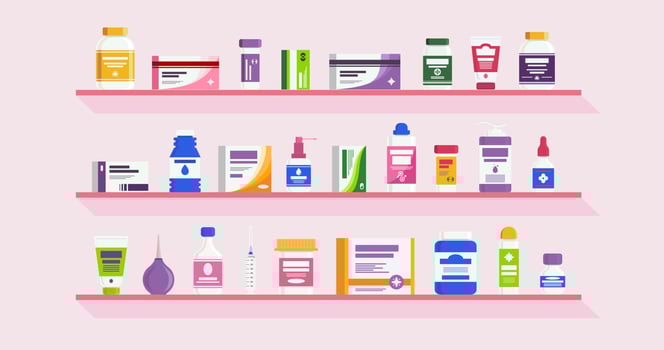 Pharmacy shelves with bottles vitamins vector