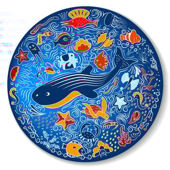 Bright blue circular pattern - plate. Shells, fish, deep-sea animals of the sea and ocean. Beautiful marine aquarium. Isolated on white background. Ornament. Vector illustration.