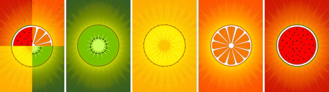 Fruit background for summer poster. Halves of Watermelon, kiwi, Mandarin, orange, pineapple. Set vector