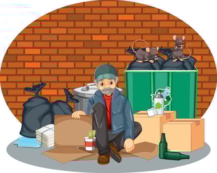 Homeless man sitting near garbage vector