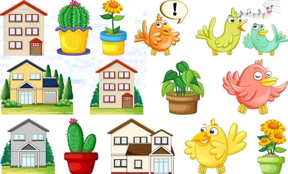 Different house designs and cute birds vector