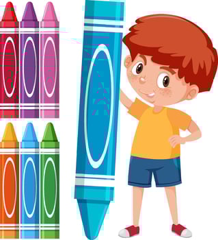 Cartoon boy holding blue crayon stick vector