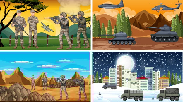 Set of different army war scenes vector