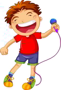 Happy boy singing with microphone vector