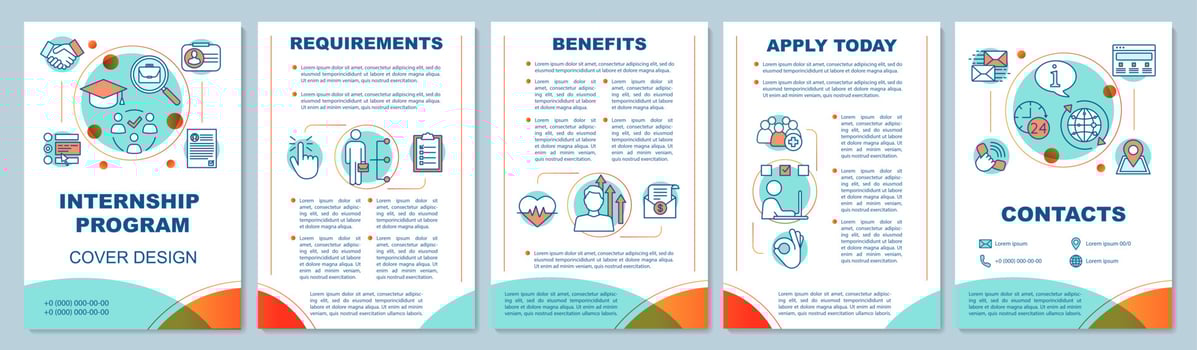 Internship program brochure template layout. Requirements, benefits of students practice. Flyer, leaflet print design, linear illustrations. Vector page layouts for annual reports, advertising posters