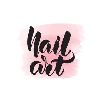 Handwritten brush lettering nail art. Vector calligraphy illustration with pink watercolor stain on background. Textile graphic, t-shirt print.