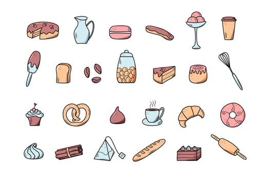 Vector elements of sweet snacks and pastries, coffee dishes. Excellent for decorating cafes and menus. Doodle icon style
