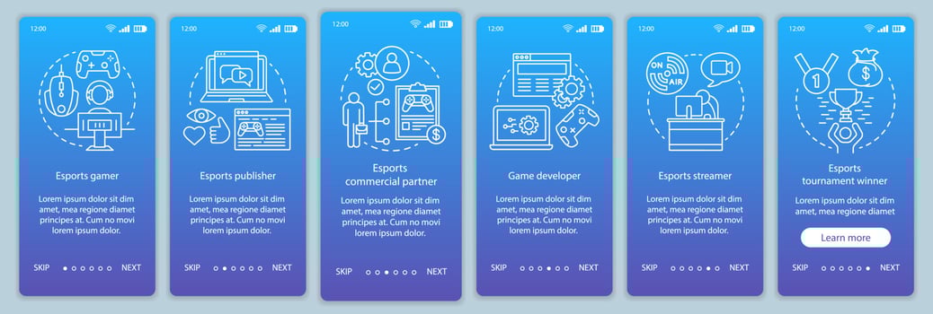 Esports onboarding mobile app page screen vector template. Video games tournament. Gaming competition. Walkthrough website steps with linear illustrations. UX, UI, GUI smartphone interface concept