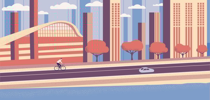 Skyscrapers city with buildings architecture. Urban panorama. Cityscape of megapolis street. Modern town near a river. Flat cartoon city illustration. vector
