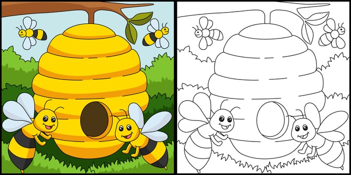 Bees Coloring Page Colored Illustration vector