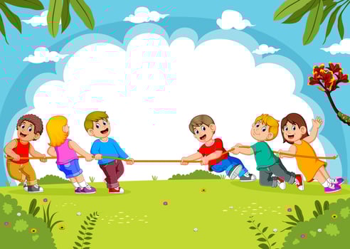 Children play tug of war in the park vector