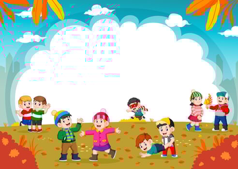 Happy children playing with autumn leaves vector