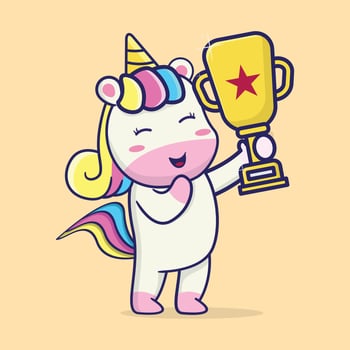 cute unicorn holding a trophy, suitable for children's books, birthday cards, valentine's day, stickers, book covers, greeting cards, printing. vector