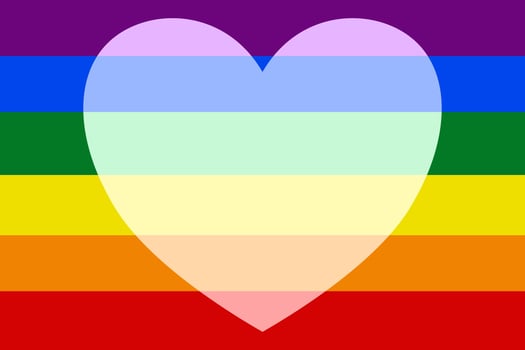 The rainbow flag with white heart in the center of flag. The rainbow flag is a symbol of LGBT social movement. Pride month concept. vector