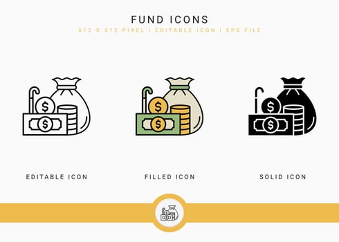 Fund icons set vector illustration with icon line style. Pension fund plan concept. Editable stroke icon on isolated white background for web design, user interface, and mobile application