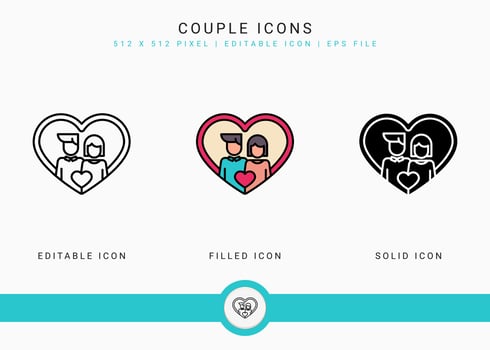 Couple icons set vector illustration with solid icon line style. Wedding love romance concept. Editable stroke icon on isolated background for web design, user interface, and mobile application