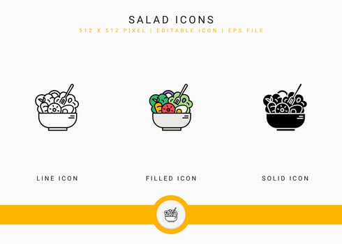 Salad icons set vector illustration with solid icon line style. Vegetables bowl nutrition concept. Editable stroke icon on isolated white background for web design, user interface, and mobile app