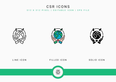 CSR icons set vector illustration with solid icon line style. Life give back concept. Editable stroke icon on isolated background for web design, user interface, and mobile application