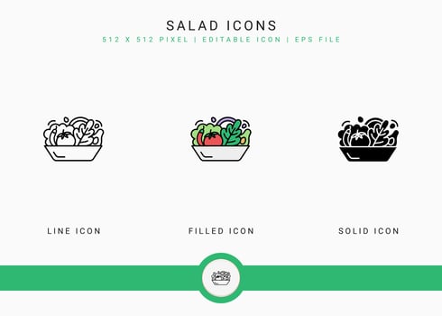 Salad icons set vector illustration with solid icon line style. Vegetable diet nutrition concept. Editable stroke icon on isolated white background for web design, user interface, and mobile app