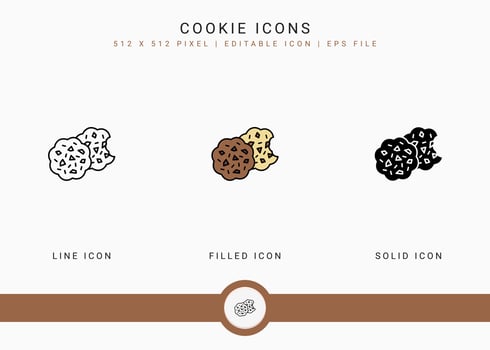 Cookie icons set vector illustration with solid icon line style. Biscuit bite concept. Editable stroke icon on isolated background for web design, user interface, and mobile app