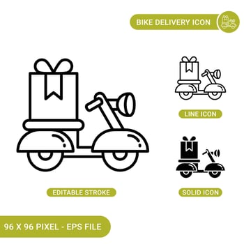 Delivery icons set vector illustration with solid icon line style. Bike deliver food concept. Editable stroke icon on isolated background for web design, infographic and UI mobile app.