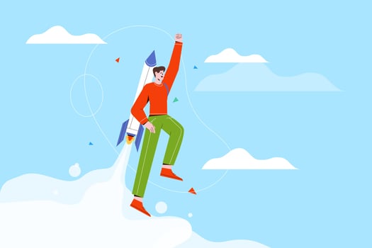 Cheerful Businessman Flying Off with Jet Pack Vector Illustration