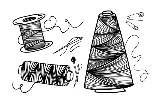 Set of sewing threads, hand-drawn doodle in sketch style. Cross winding thread. Needle, pins. Needle and pins. Sewing. Thread. Vector simple illustration