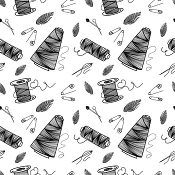 Seamless pattern of thread, needles and pins, hand-drawn doodle elements in sketch style. Sewing thread, needle, pins. Sewing. Embroidery. Thread. Handmade. Vector simple illustration.