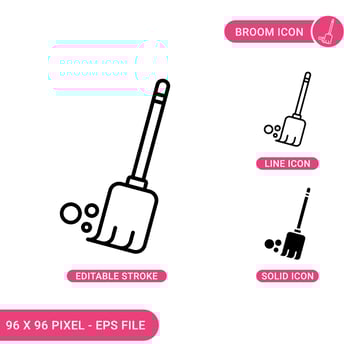 Broom icons set vector illustration with solid icon line style. Tidy broomstick concept. Editable stroke icon on isolated background for web design, infographic and UI mobile app.