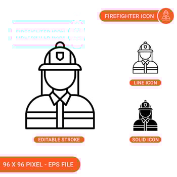 Firefighter icons set vector illustration with solid icon line style. Safety fireman concept. Editable stroke icon on isolated background for web design, infographic and UI mobile app.