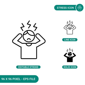 Stress icons set vector illustration with solid icon line style. Depression and pressure concept. Editable stroke icon on isolated background for web design, infographic and UI mobile app.