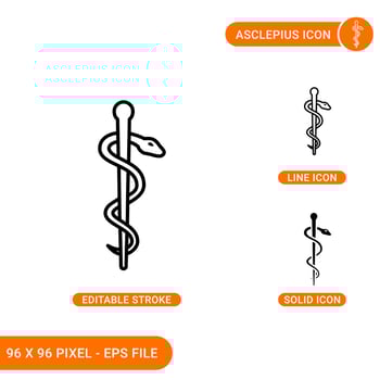 Asclepius icons set vector illustration with solid icon line style. Rod caduceus concept. Editable stroke icon on isolated background for web design, infographic and UI mobile app.