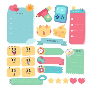 Set of Colorful Cute Vintage Baby Daily Planner Scrapbook Memo Note Paper Schedule Template Sticker Label or symbol set element bundle, Paper sheet with to do list, Isolated Background vector