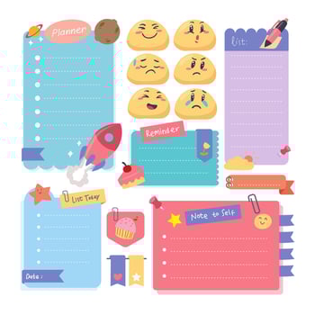 Set of Colorful Cute Vintage Baby Daily Planner Scrapbook Memo Note Paper Schedule Template Sticker Label or symbol set element bundle, Paper sheet with to do list, Isolated Background vector